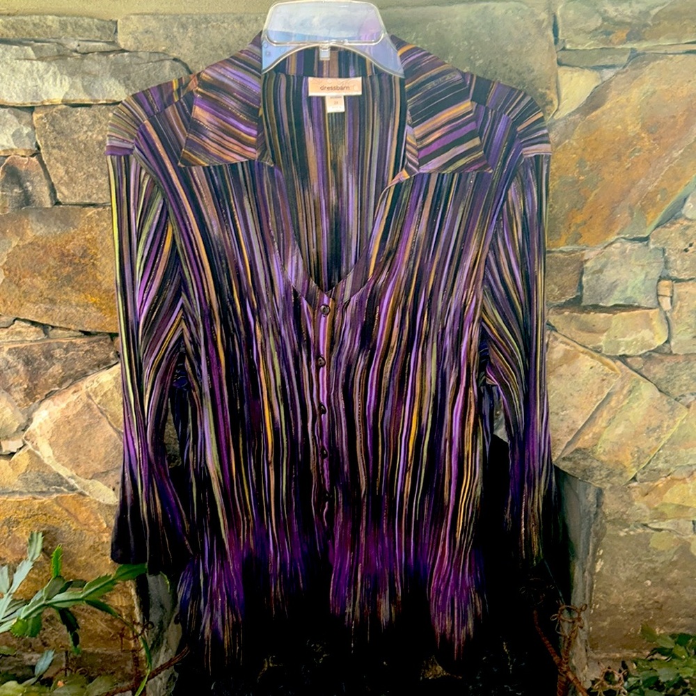 Mardi Gras Flowy Tunic Top Purple Black Gold;Button Front;3/4 Bell Sleeves;NWOT - Picture 3 of 12